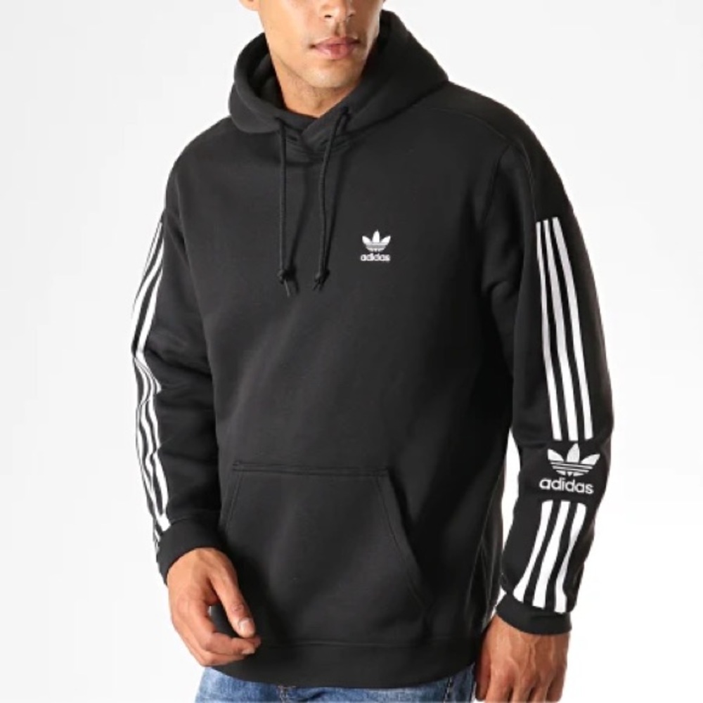 Classic Adidas Men’s Black Hoodie with White Accents Embroidered Logo | S